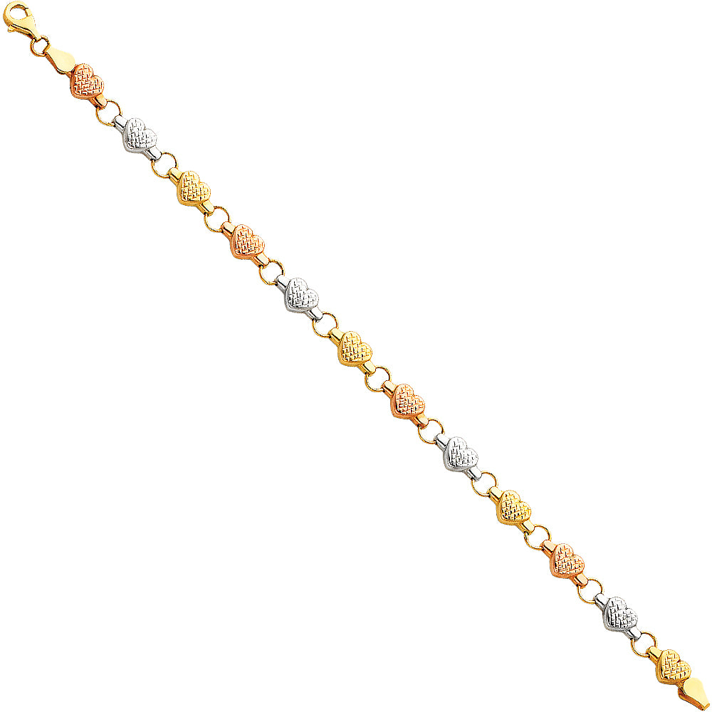 Three-Tone 14 Karat Light stampato heart Diamond Cut Bracelet Length: 7"
Gender: ladies