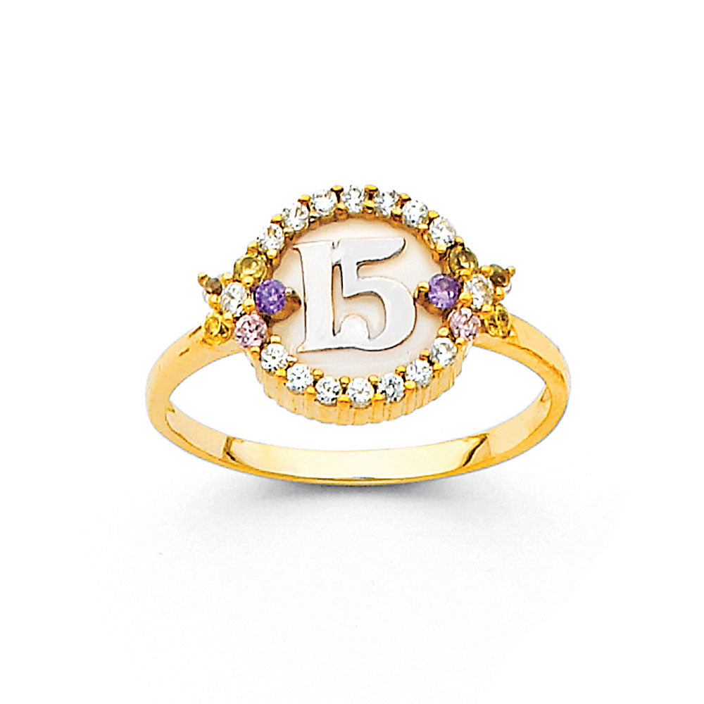 Lady's 14 Karat Round nacar 15 cz Ring Size 7 Color: Yellow
Finish: Polished