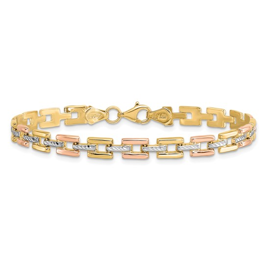 Three-Tone 14 Karat Hollow Bracelet Length: 7"
Gender: ladies