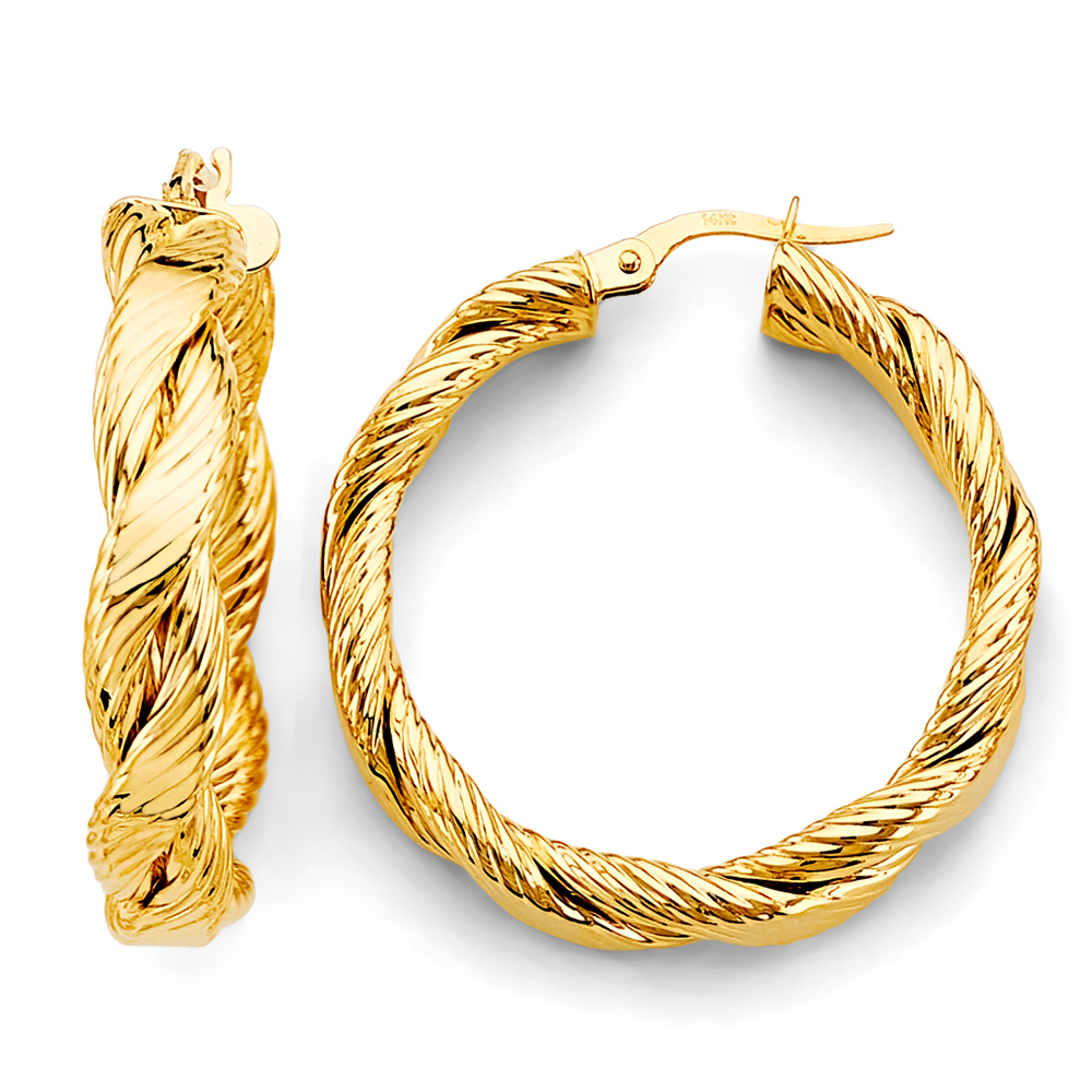 14KY Fancy Braided Lined Hoop Earrings 30x30mm