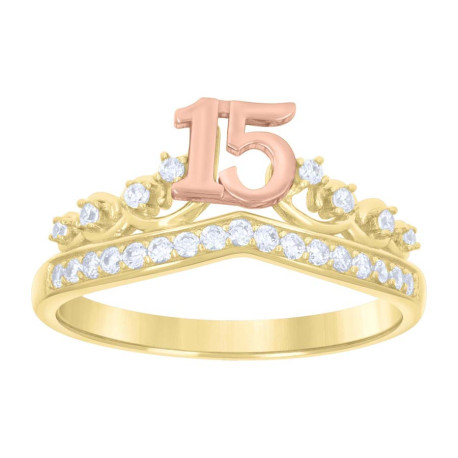 Lady's Two-Tone 14 Karat 15 Crown cz Fashion Ring Length 8.5