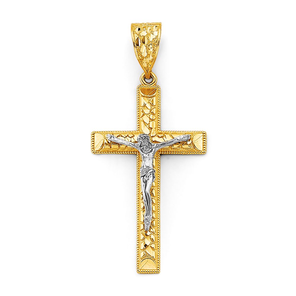 Two-Tone 14 Karat Nugget Crucifix Cross Charm Length: 65x30mm
Gender: