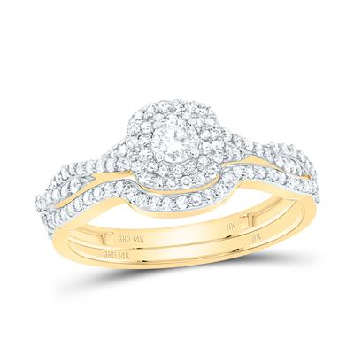Lady's Yellow 14 Karat Wedding Set = 0.625tw Round Diamonds Style: Halo
Finish: Polished
Wedding: Duo