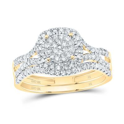 Lady's Yellow 10 Karat Wedding Set = 0.625tw Round Diamonds Style: Halo
Finish: Polished
Wedding: Duo