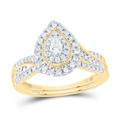 Lady's Yellow 14 Karat Pear double halo Wedding Set = 0.50tw Round Diamonds Finish: Polished
Wedding: Duo