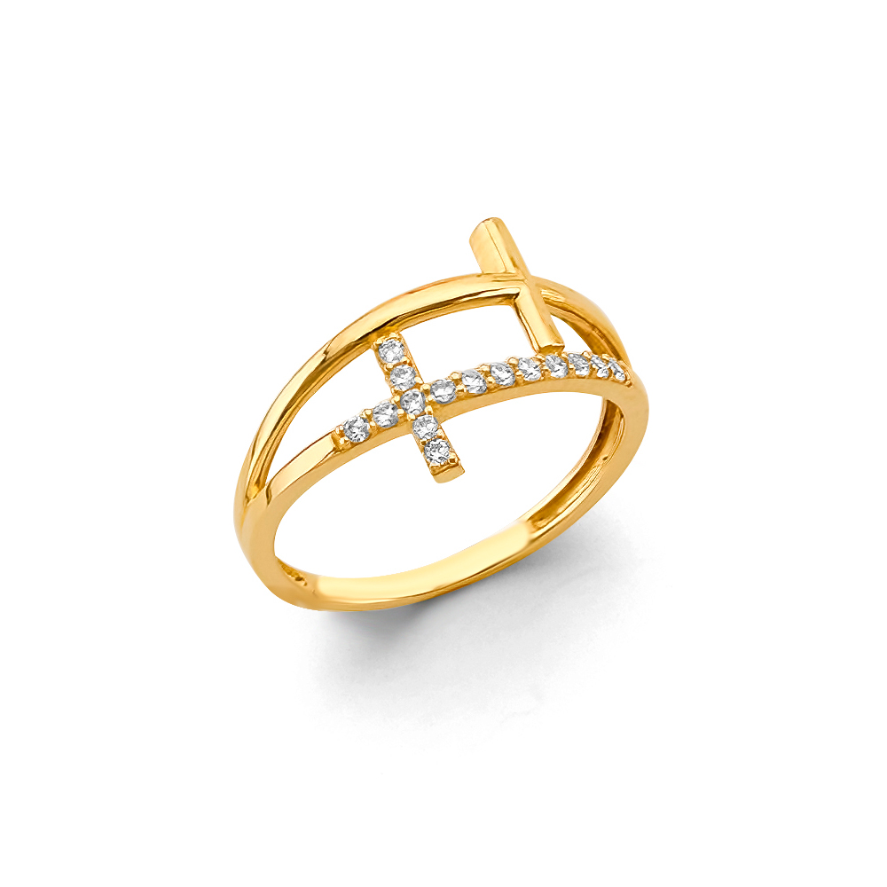 Lady's Yellow 14 Karat cz double cross Fashion Ring Gender: Ladies