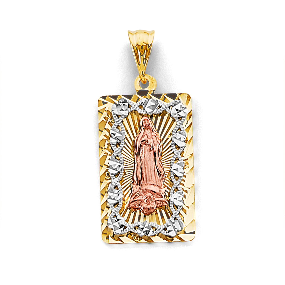 Three-Tone 14 Karat Diamond Cut Square Guadalupe Pendant 30 x13