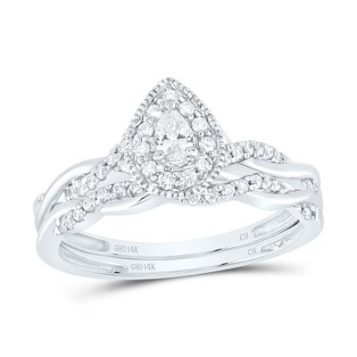 Lady's White 10 Karat Wedding Duo Set Pear single halo 0.333tw Round Diamonds 
Finish: Polished
Wedding: Duo
