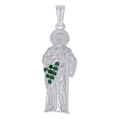White Sterling Silver St Jude Manto Verde  Cz Pendant Length: 30
Gend