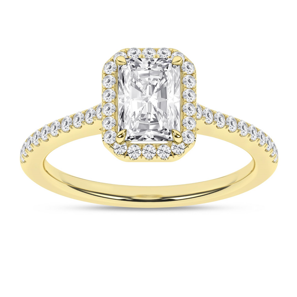 Lady's Yellow 14 Karat Engagement Ring one = 0.75ct Radiant F VS2 Lab Grown Diamond
40 = 0.28tw Round E/F VS2 Lab Grown Diamonds Style: Halo
Finish: polished
Gender: Ladies