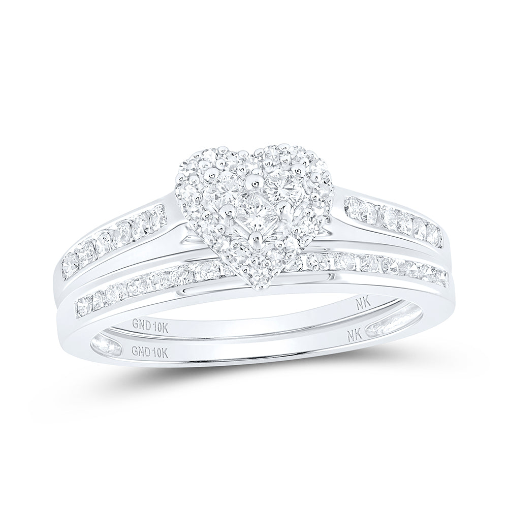 Lady's White 10 Karat Heart Wedding duo Set Size 7 0.50tw Round Diamon