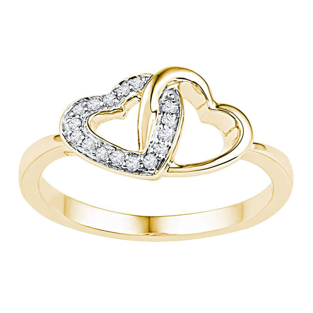 Lady's Yellow 10 Karat Double heart Fashion Ring Size 7 0.08tw Round Diamonds Finish: High polish