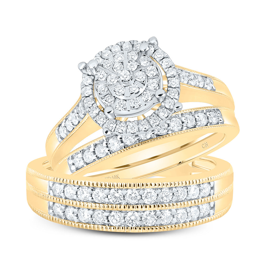 Lady's Yellow 10 Karat Wedding trio Set 1.00tw Round Diamonds Style: Halo
Finish: Polished
Gender: Ladies