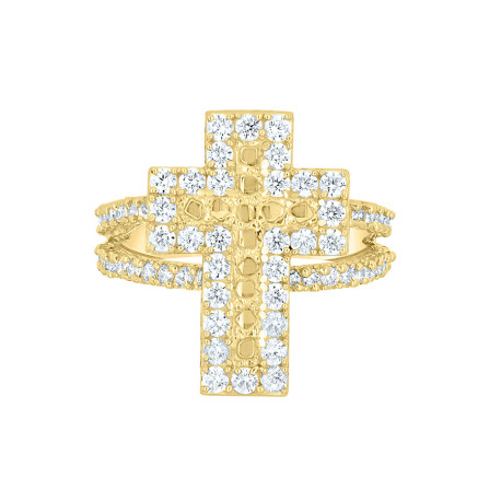 Lady's Yellow 10 Karat Cross with Nugget cz Fashion Ring Length 19.2