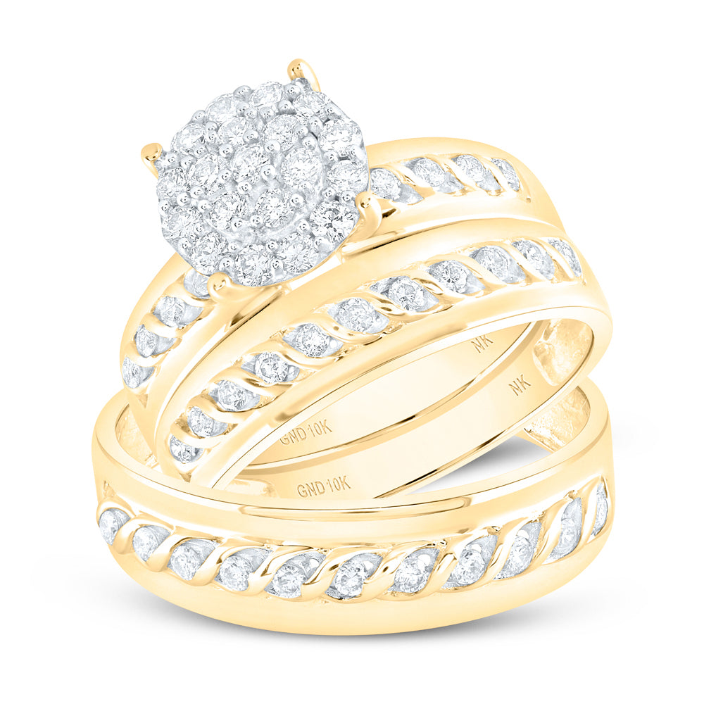 Lady's Yellow 10 Karat Wedding Trio Set 0.75tw Round Diamonds Style: Double Halo
Finish: Polished
Gender: Ladies