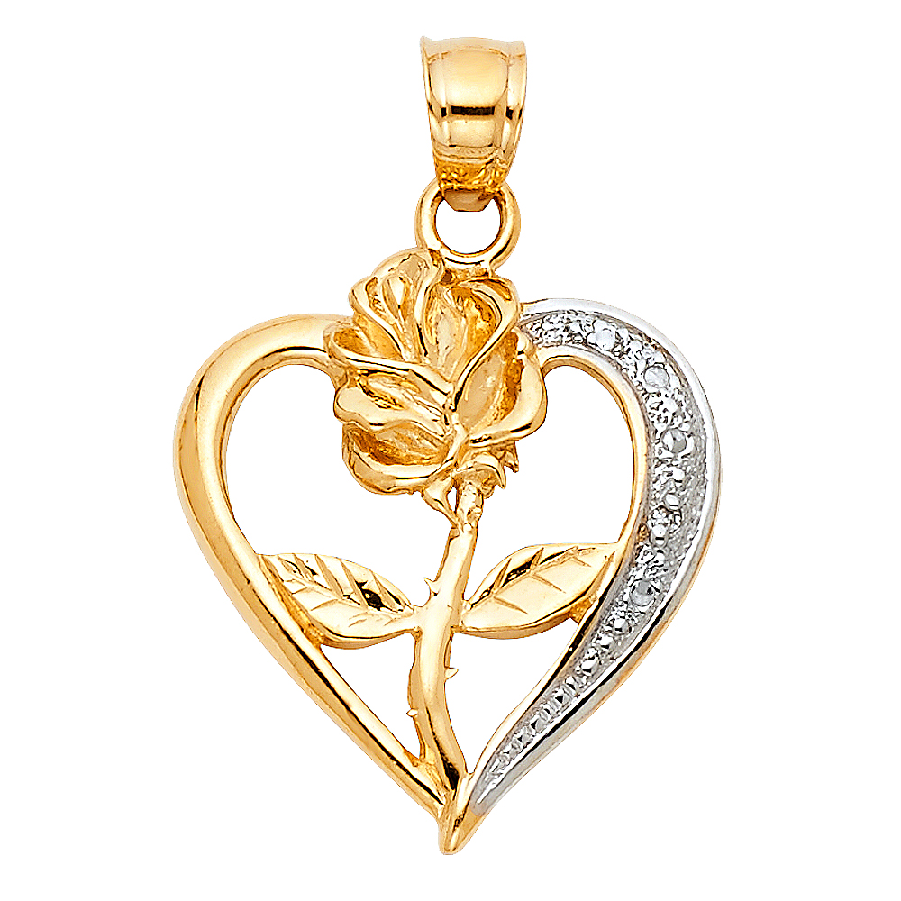Two-Tone 14 Karat Heart with Rose Pendant Length: 30