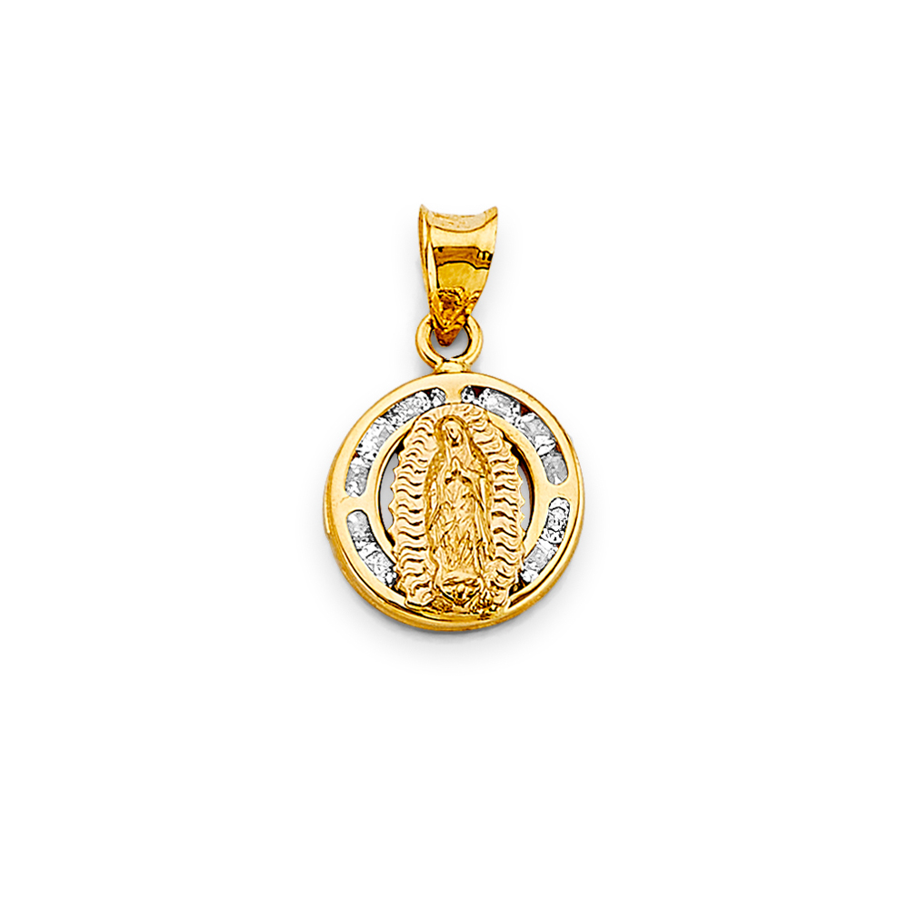 14K Circle Pendant  Virgen of Guadalupe cz