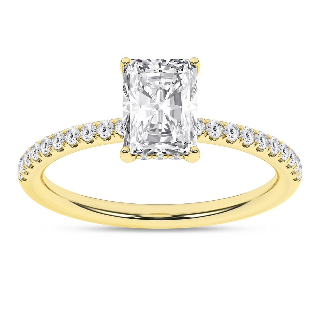 Lady's Yellow 14 Karat Hiden Halo Engagement Ring one = 1.50ct Radiant Lab Grown Diamond
35 = 0.25tw Round Lab Grown Diamonds Finish: polished
Gender: Ladies