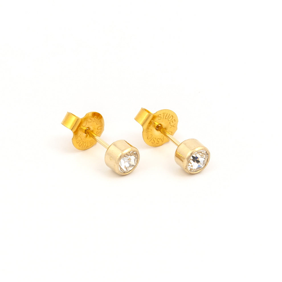 Bezel Set Piercing Studs 4mm April Clear Crystal 14k Yellow Gold