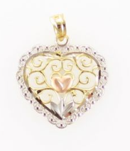 Three-Tone 10 Karat Diamond Cut Heart and flower Pendant Length: 26