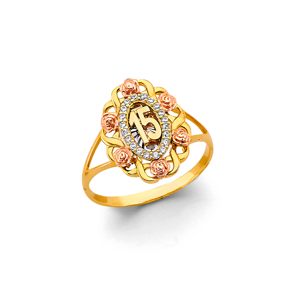 Lady's Three-Tone 14k Flower 15 Years Ring