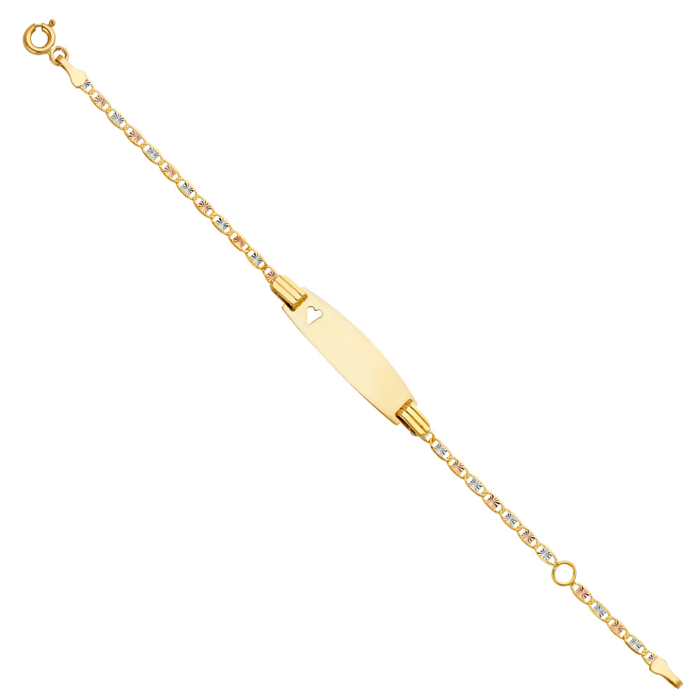 Three-Tone 14 Karat Oval Id Bracelet w/heart Baby  Style: Valentino
Length: 6"
Gender: baby