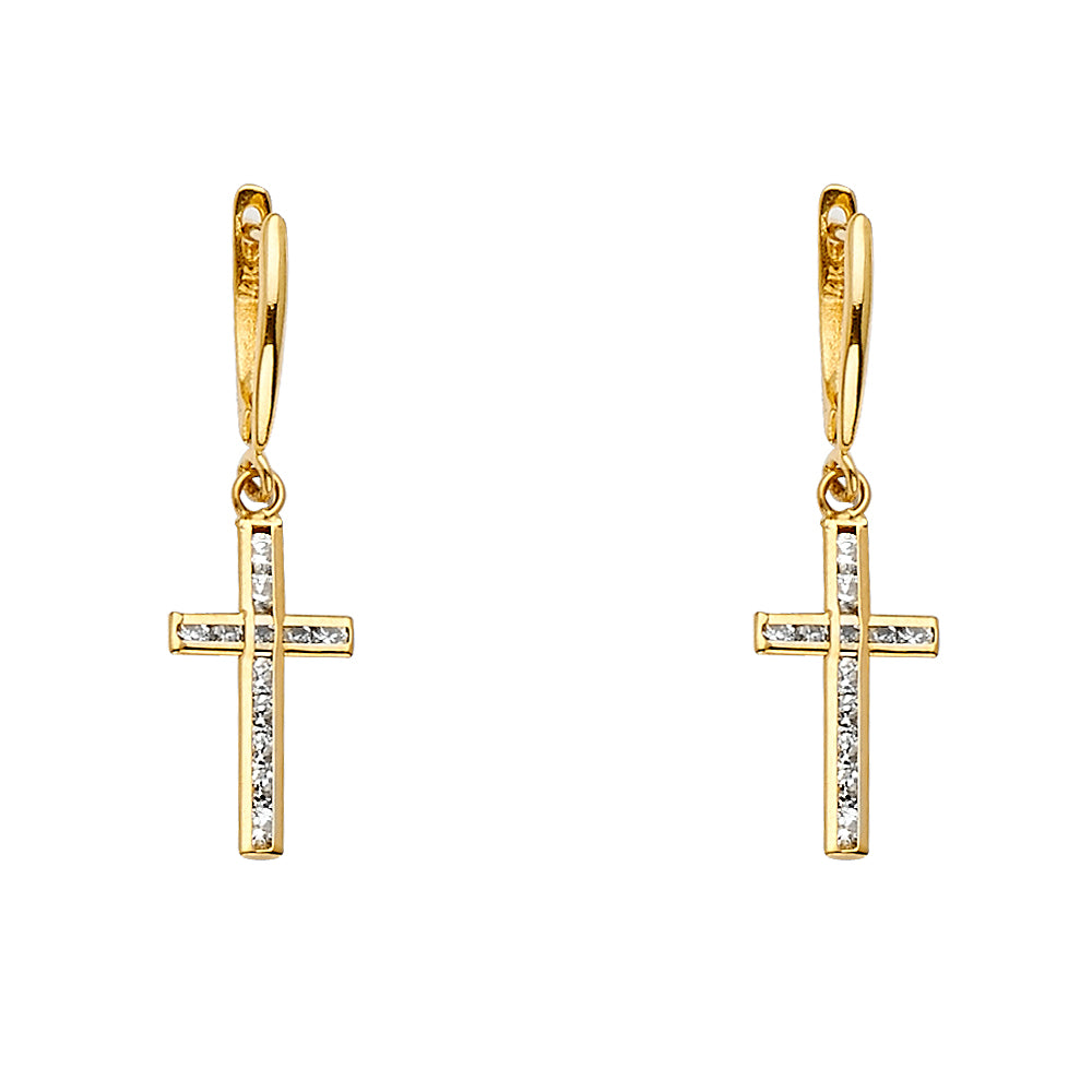 Lady's Yellow 14 Karat CZ Channel set cross dangle Earrings