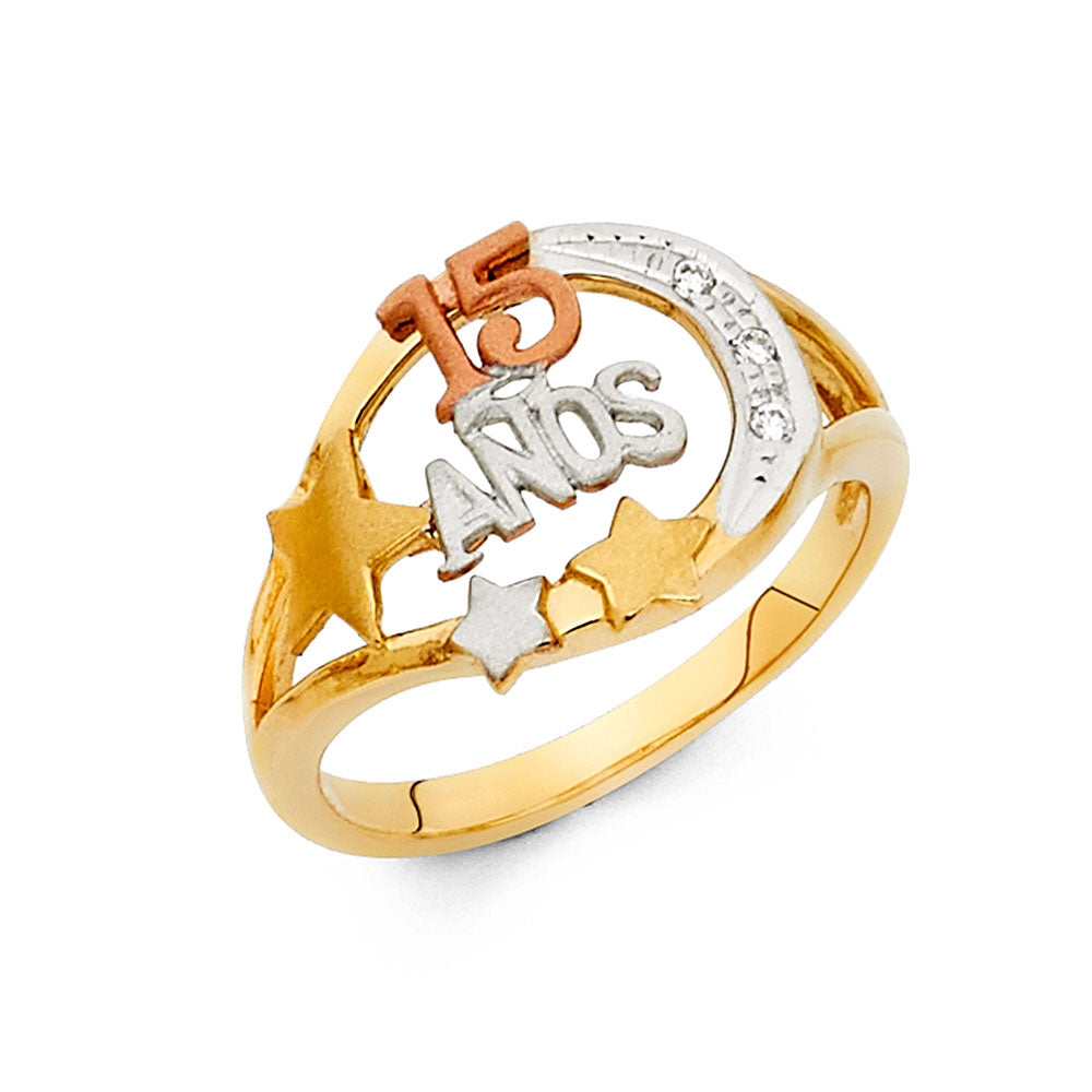 Lady's 14 Karat 15 anos stars cz Ring Size 7 Color: Tri-tone
Finish:
