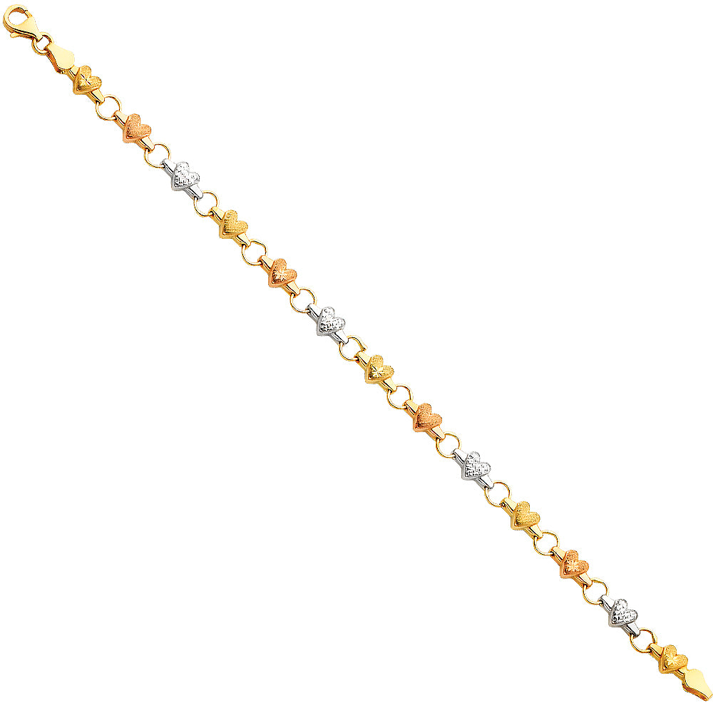 Three tone 14 Karat heart Bracelet Length: 7.25"
Gender: ladies