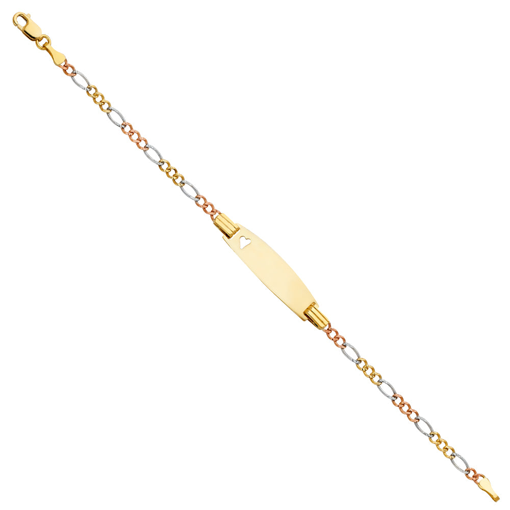 Three-Tone 14 Karat Id with heart Bracelet Style: Figaro Pave
Length: