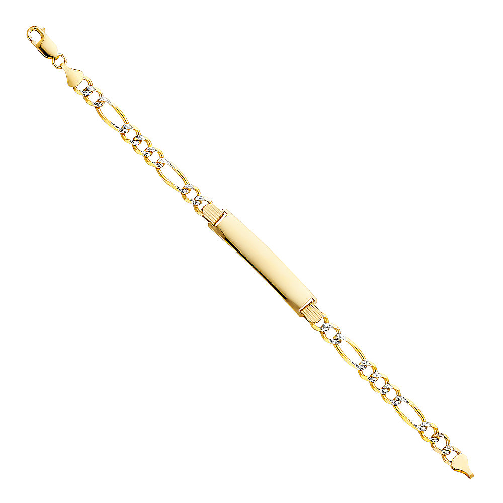 Yellow 14 Karat Diamond Cut ID Bracelet Style: Figaro Pave
Length: 8"