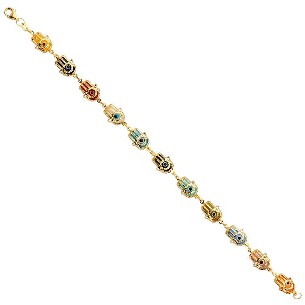 Yellow 14 Karat Hamsa multi color evil eye Bracelet Length: 7.5"
Gend