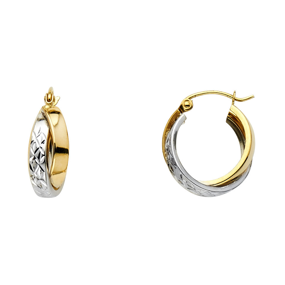 Lady's Two-Tone 14 Karat Diamond cut 2line x-shape hoop 16mm Earrings