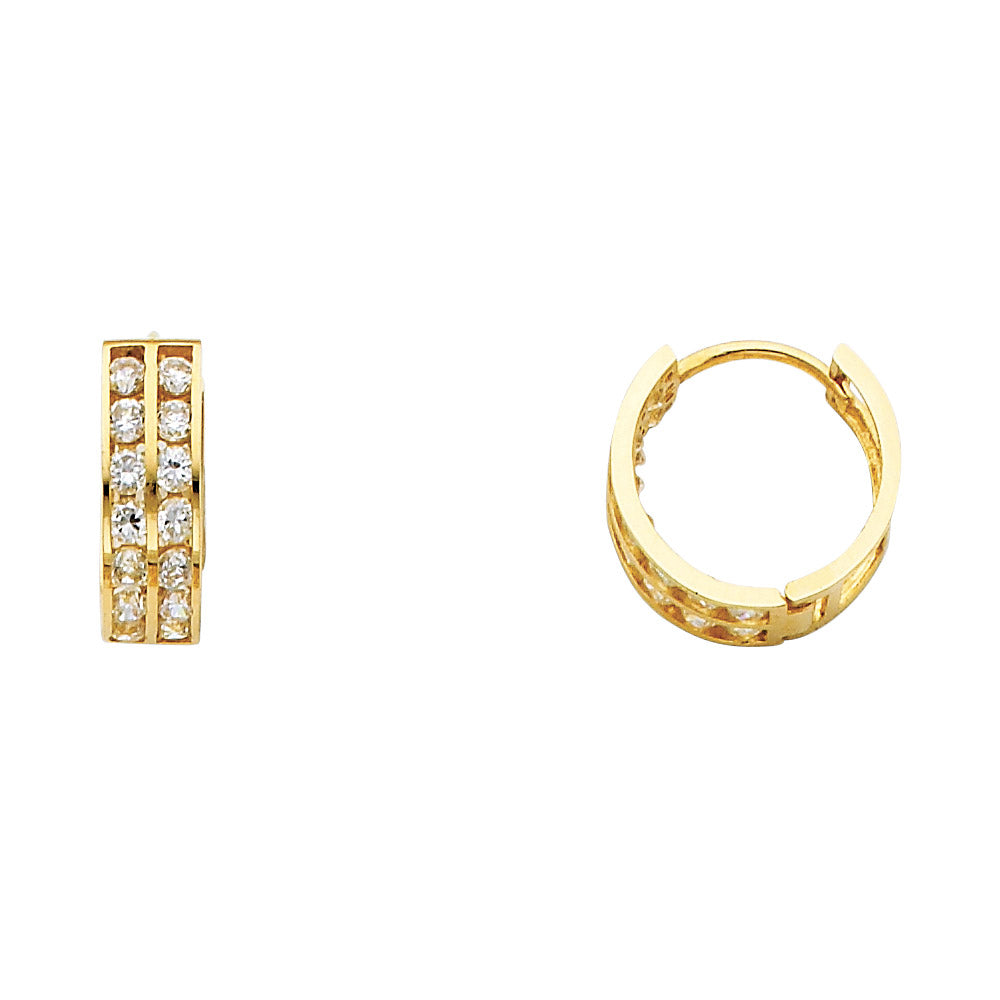 Lady's Yellow 14 Karat Huggies double line cz Earrings Length: 14