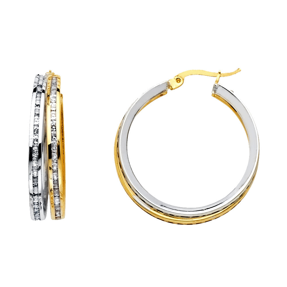 Lady's Two-Tone 14 Karat RD cubic CZ channel 2 line hoops Earrings 20m