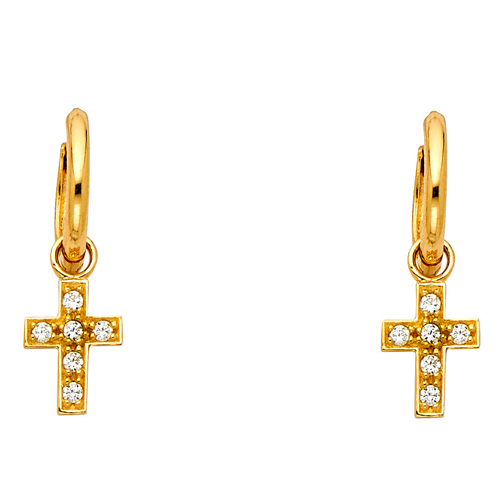 Lady's Yellow 14 Karat CZ Dangle cross Huggie Earrings