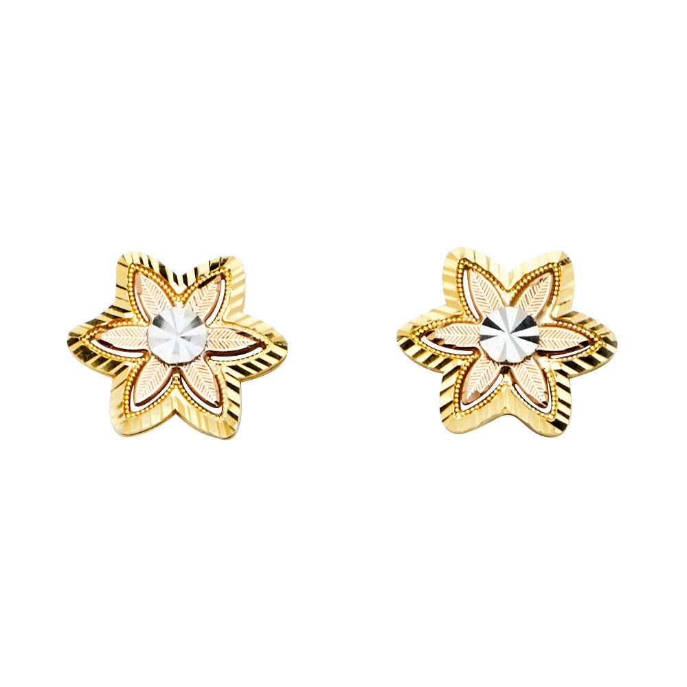 Lady's Three-Tone 14 Karat Flower Earrings 15mm