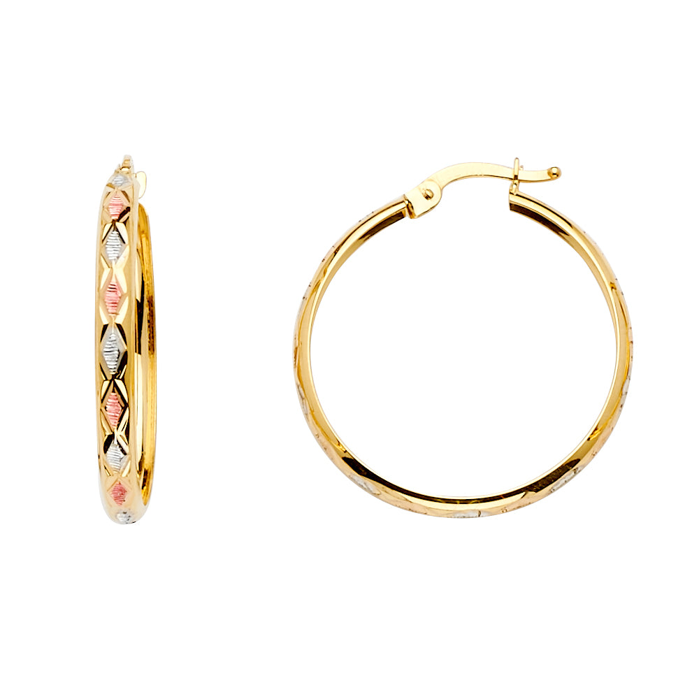 Lady's Three-Tone 14 Karat Diamond Cut H-Dome Earrings Length: 26mm