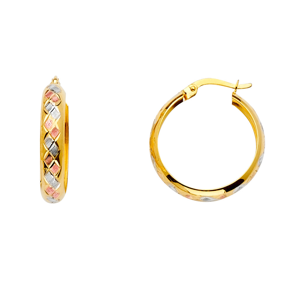 Lady's Three-Tone 14 Karat Diamond Cut Medium Hoop Earrings Length: 20