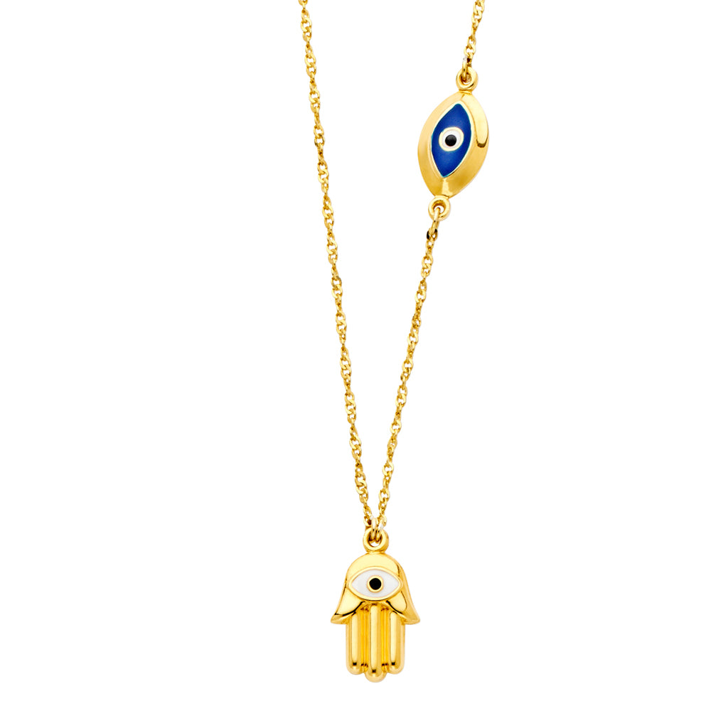 Lady's Yellow 14 Karat Hamsa+evil eye Necklace Length 18"