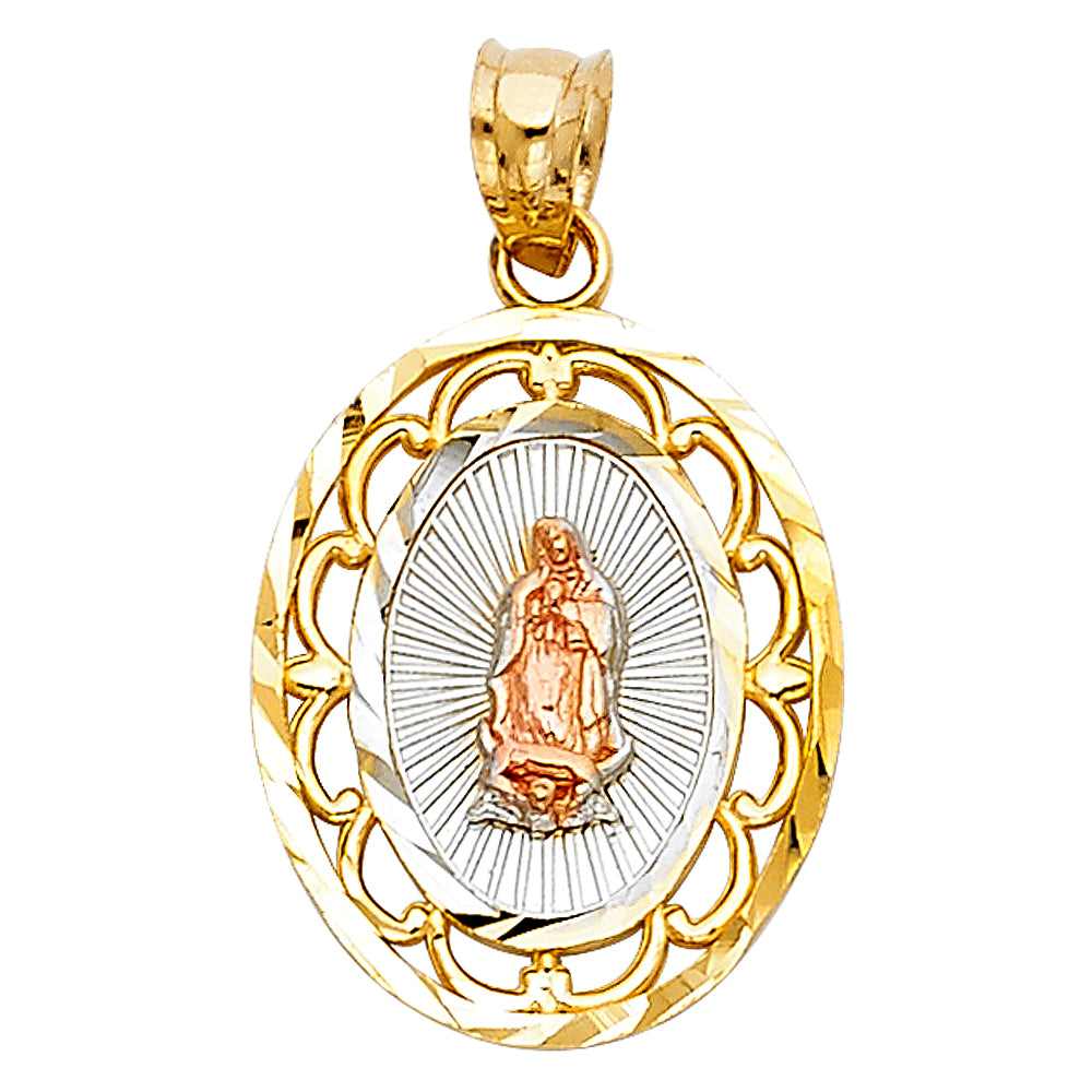 Two-Tone 14 Karat Virgen of Guadalupe oval Pendant Length: 20