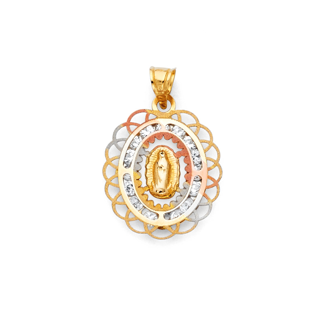 14 Karat Diamond Cut Virgen of Guadalupe cz Oval Charm Length 24.5 Col