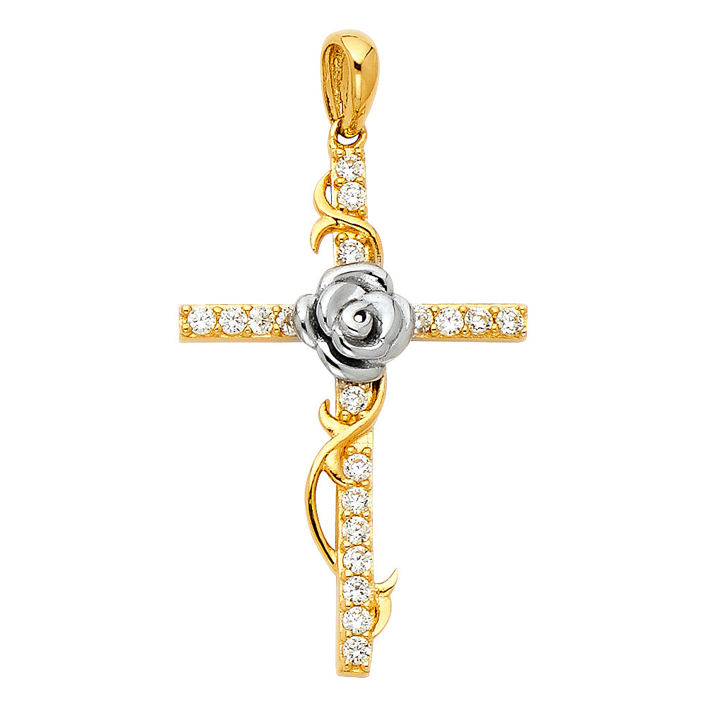 14 Karat Cz cross w/rose Charm Length 35 Color: Two-Tone
Gender: ladi