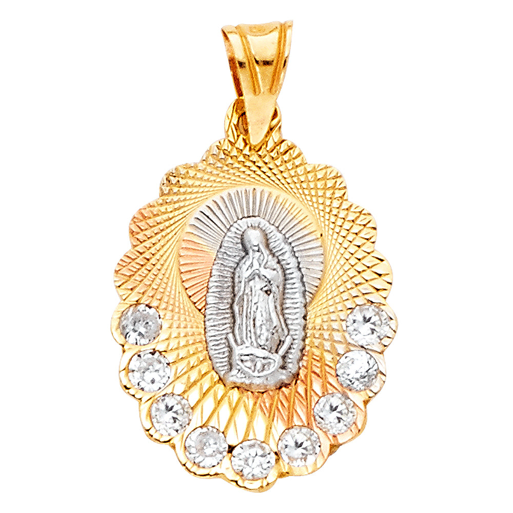 14 Karat Diamond Cut Virgen of Guadalupe cz oval Charm Color: Tri-tone