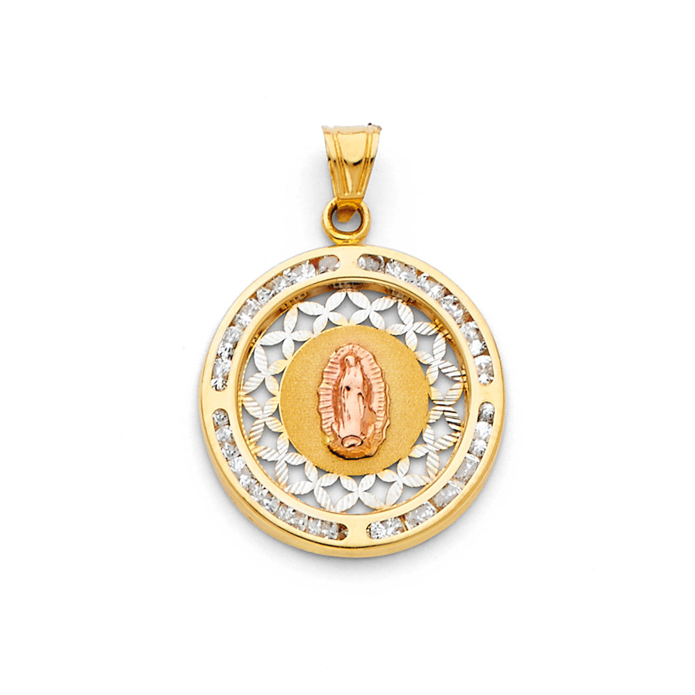 14 Karat Charm Virgen of Guadalupe round cz Length 26 Color: Tri-tone