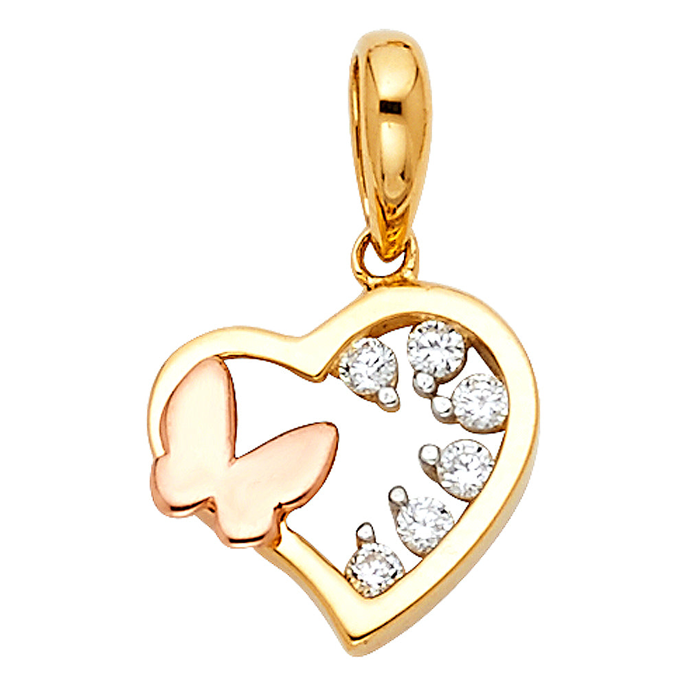 14 Karat cz heart w/butterfly tiny pendant Color: Two-Tone
