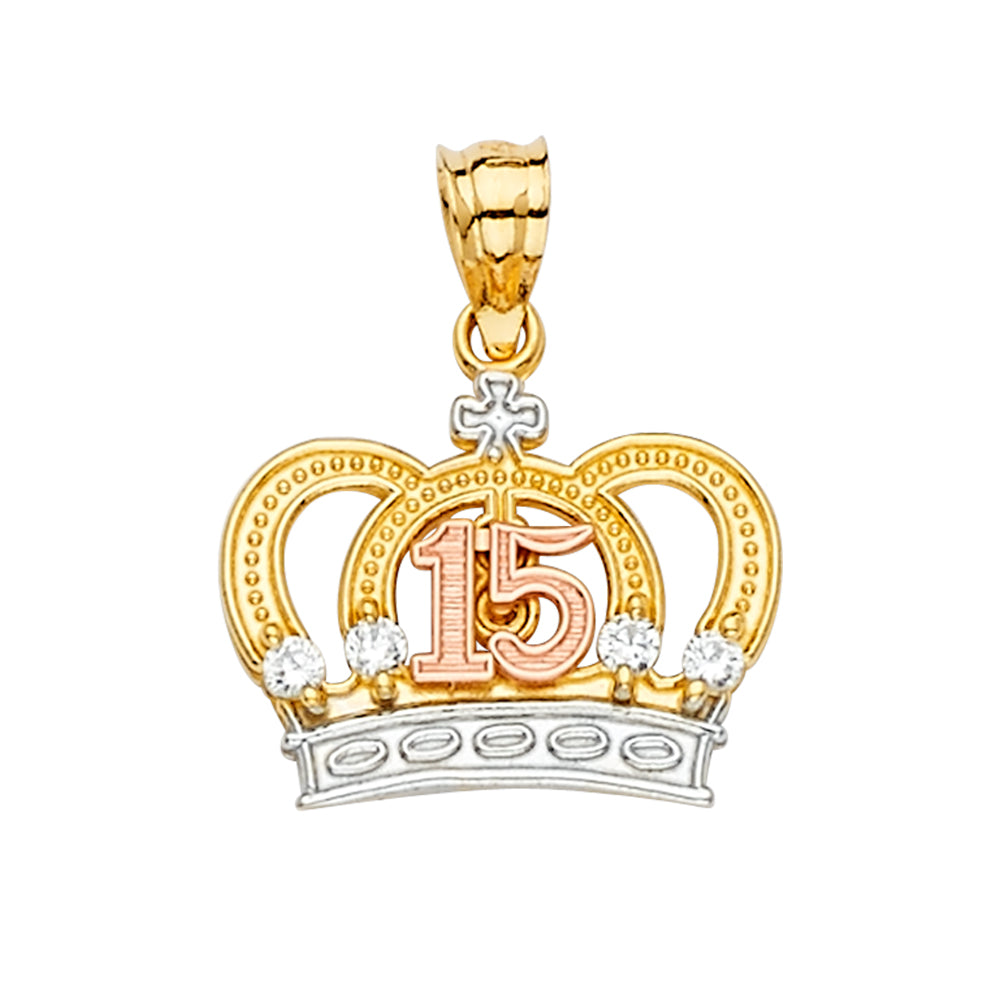 14 Karat Diamond Cut Crown cz 15 Charm Length 21.4 Color: Tri-tone
Ge