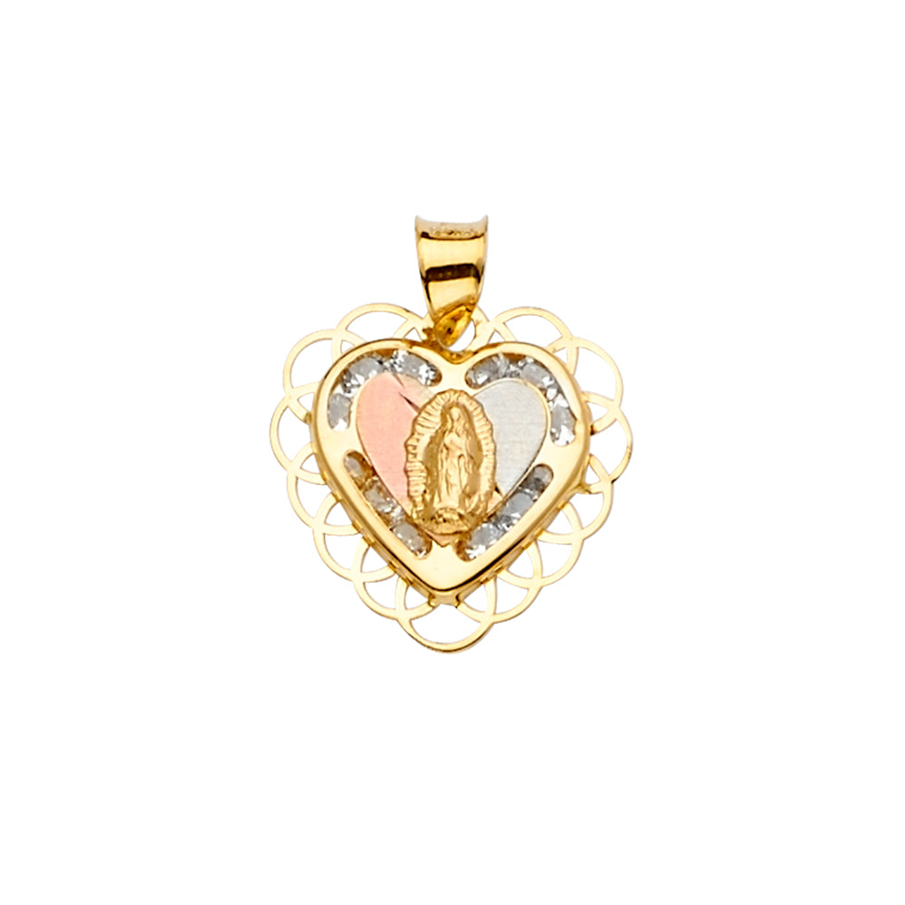 Three-Tone 14 Karat Heart CZ Charm Length 20 Style: Virgen of Guadalup