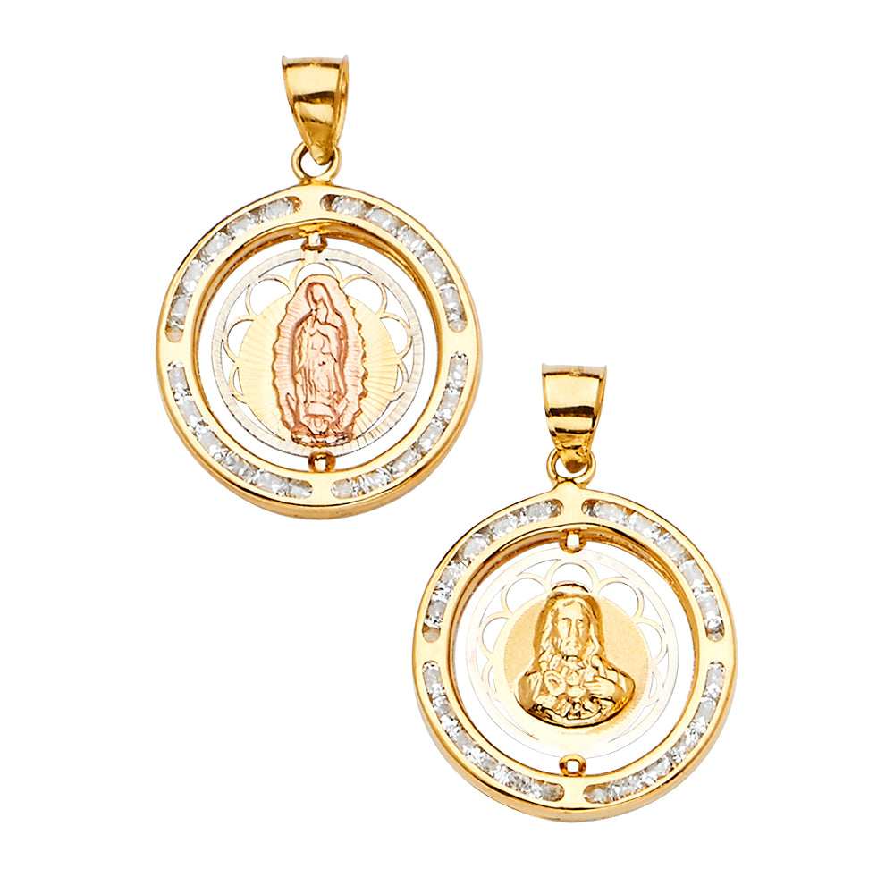 14 Karat Charm Spining medal double face Length 26 Color: Tri-tone
Ge