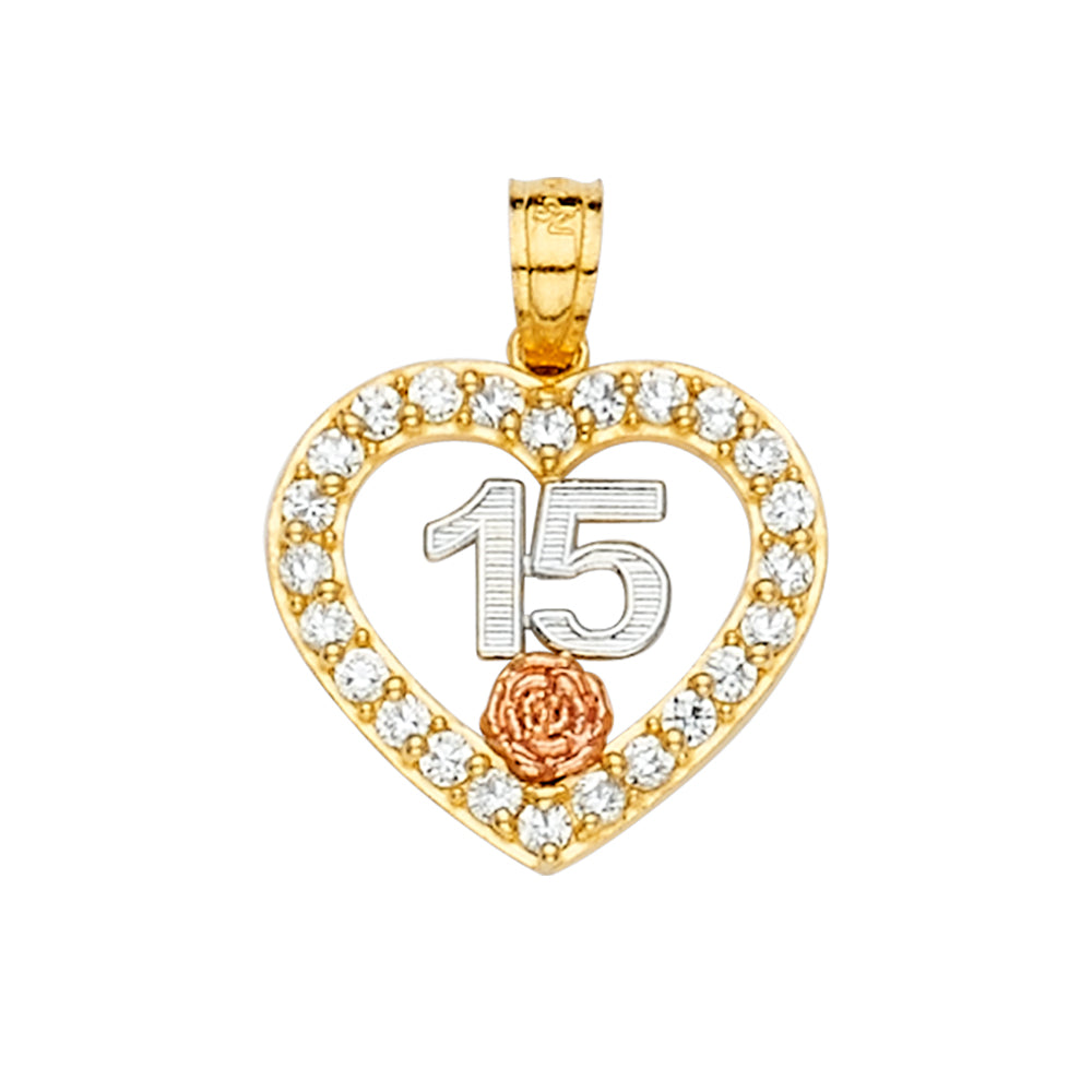 Three-Tone 14 Karat Charm Heart cz  15 Years